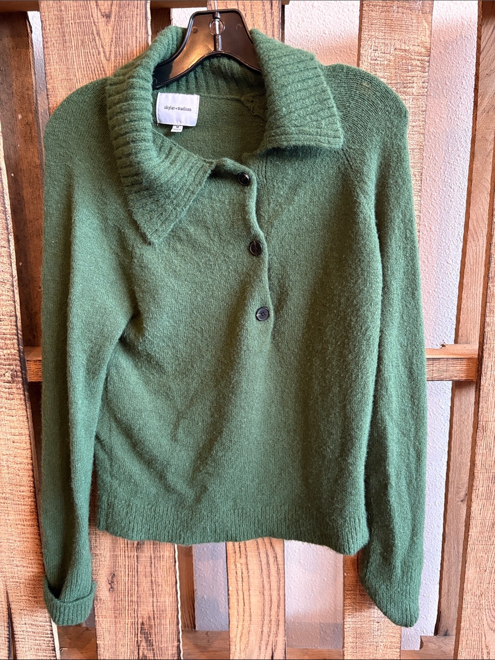 Skylar & Madison Deep Green Button-Front Wool Polo Sweater